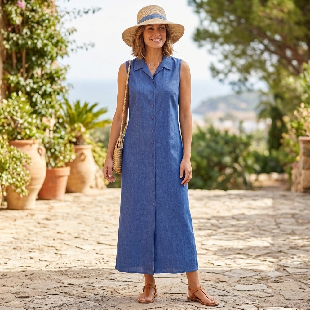 Rafaella Linen Midi Shirtdress Blue Size 8, EUC